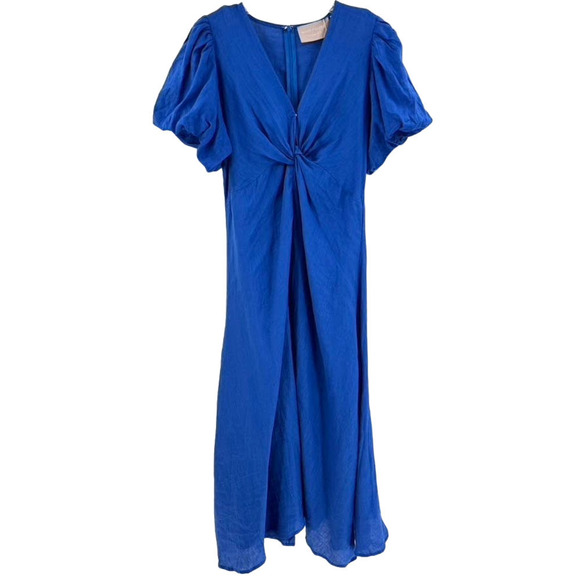Linen Midi Dress White Closet Sz 10 Royal Blue Blare Puff SS Sustainable Unique - Picture 1 of 7